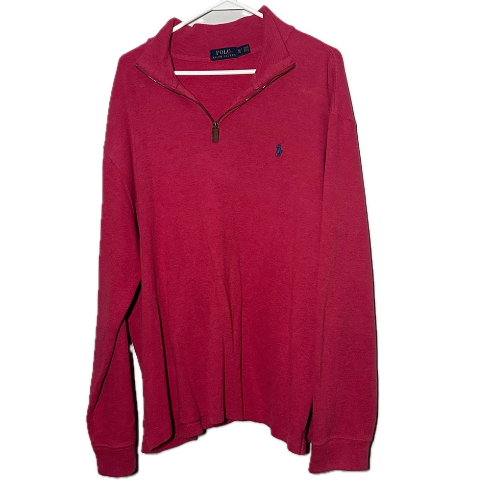 Polo Ralph Lauren Mens XL Red 100% Cotton Quarter Zip Pullover Sweater Blue Pony